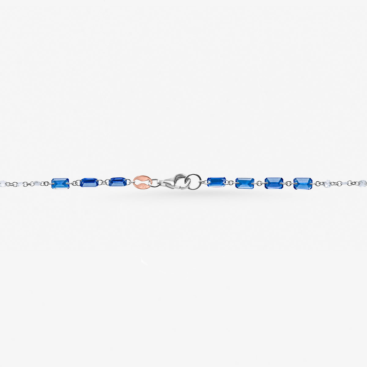 Peter Marco 18k emerald cut blue sapphire and round cut crystal necklace, clasp view