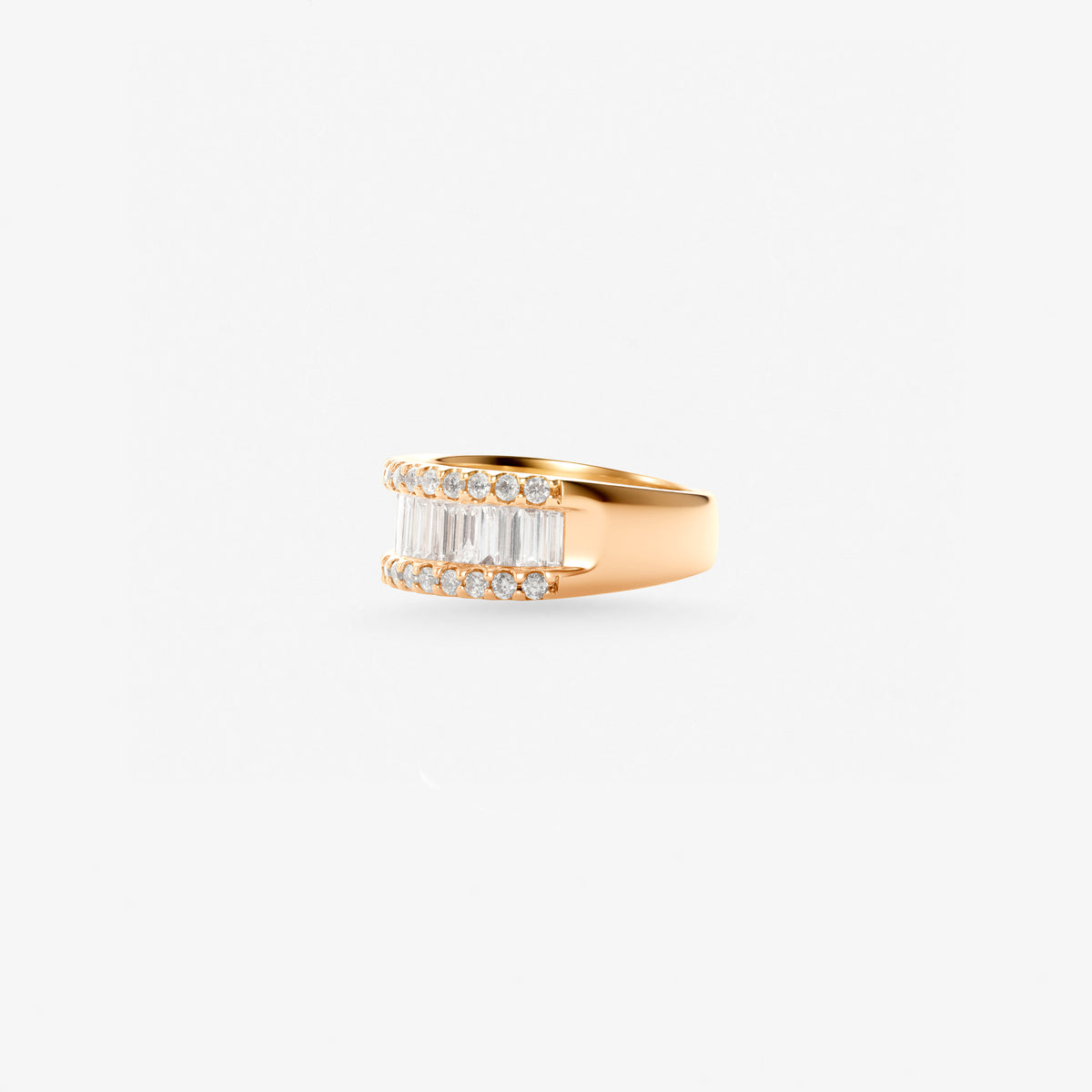 Peter Marco 18k rose gold baguette and round cut diamond band ring, side view