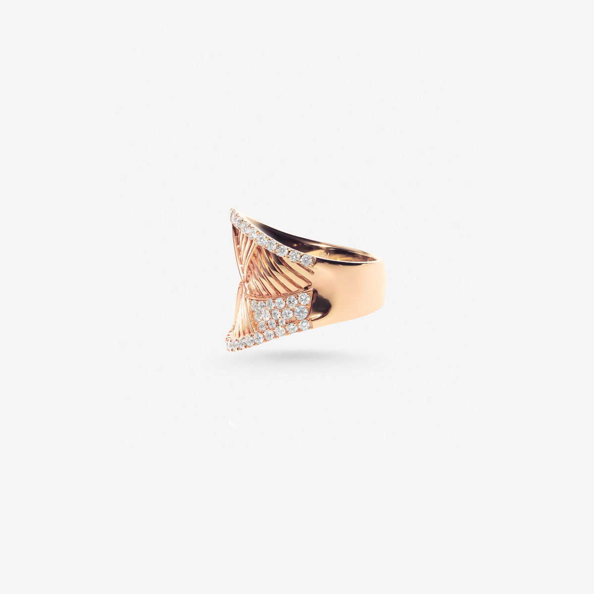 Peter Marco 18k rose gold round cut diamond crossover ring, side view