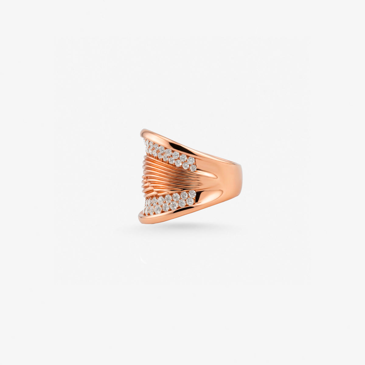 Peter Marco 18k rose gold round cut diamond crossover ring, side view
