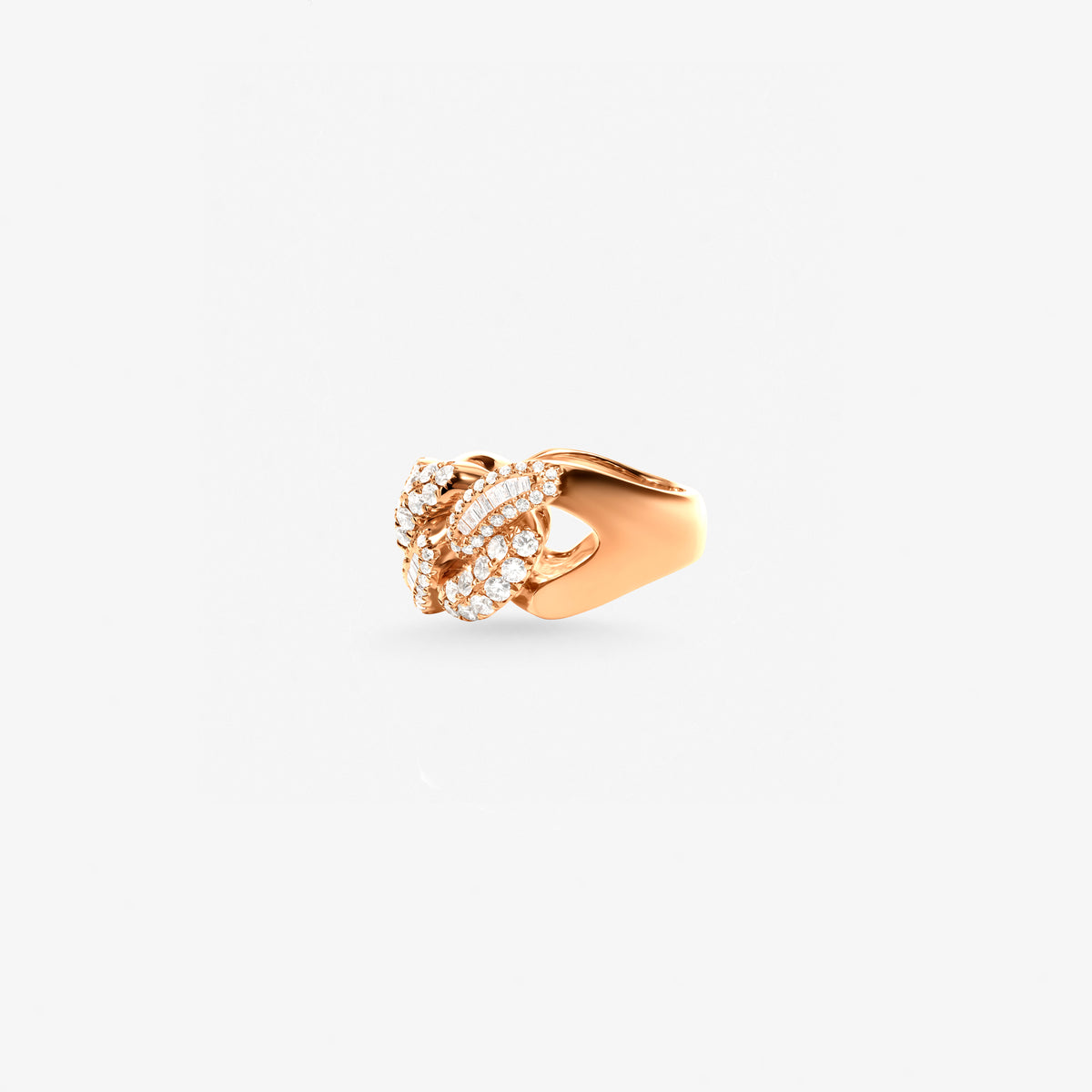 Peter Marco 18k rose gold round cut diamond Cuban link ring, side view
