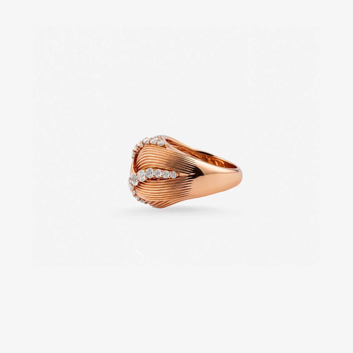 Peter Marco 18k rose gold round cut diamond dome ring, side view