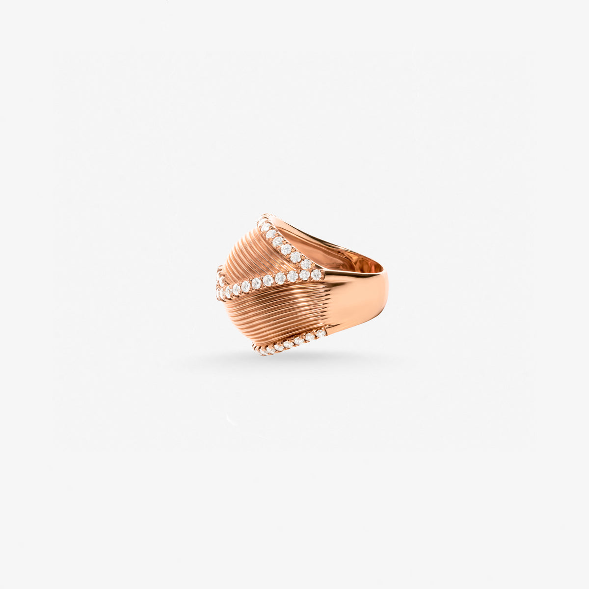 Peter Marco 18k rose gold round cut diamond dome ring, side view