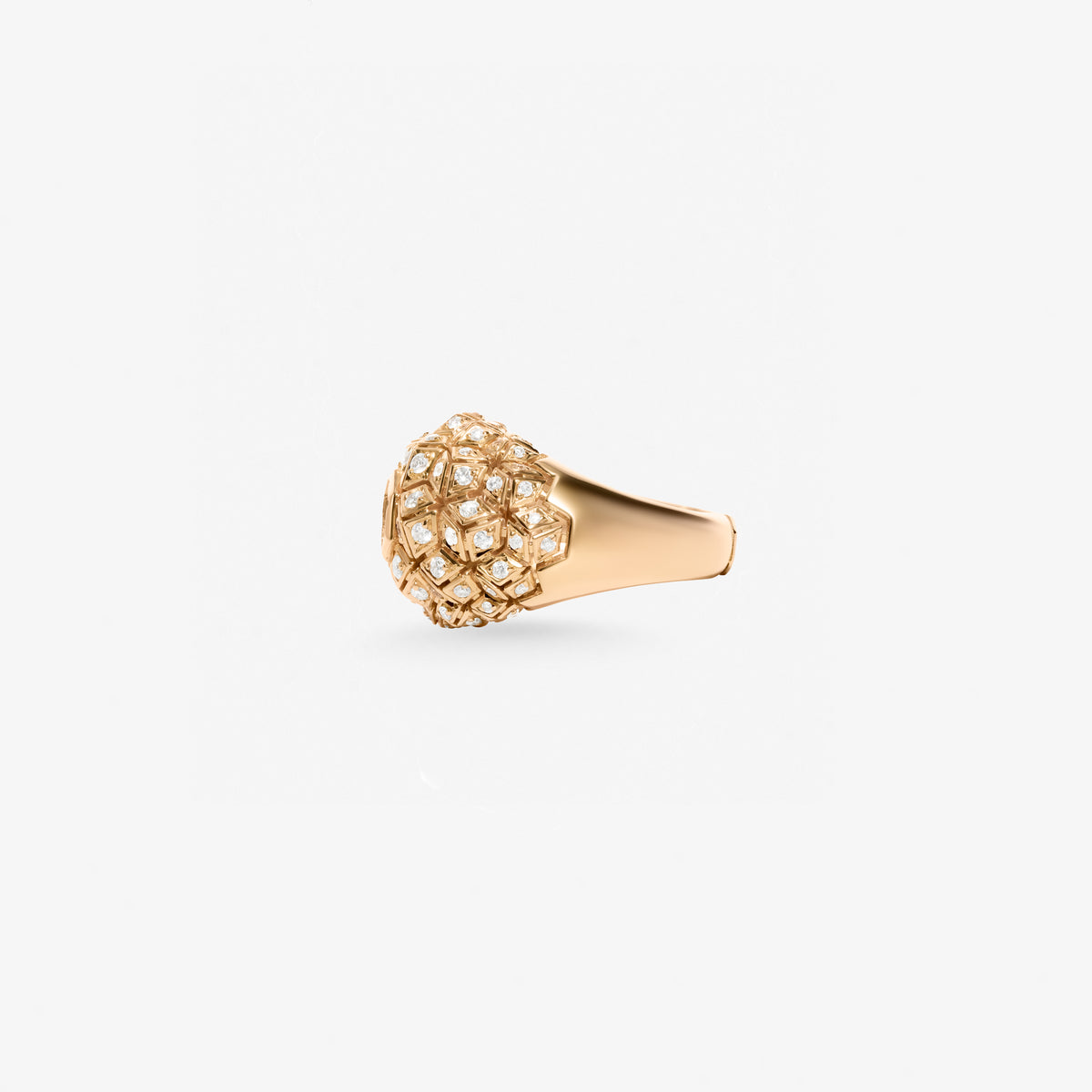 Peter Marco 18k rose gold round cut diamond dome ring, side view