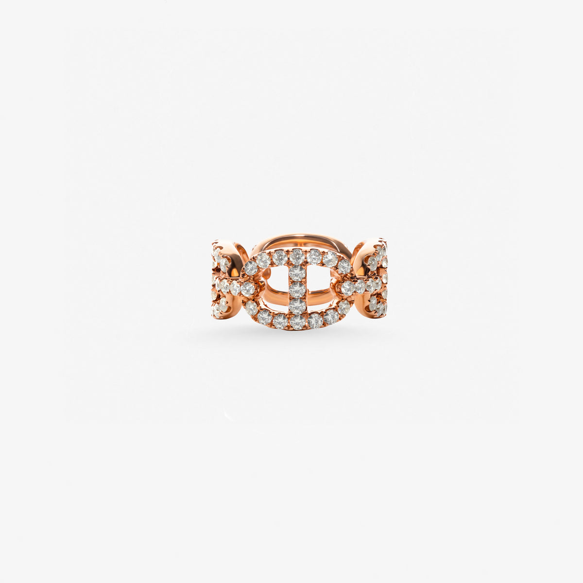 Peter Marco 18k rose gold round cut diamond interlocking link ring, side view
