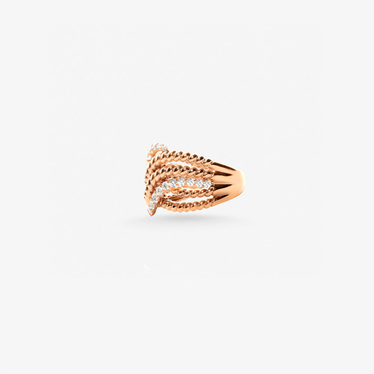 Peter Marco 18k rose gold round cut diamond multi-row ring, side view