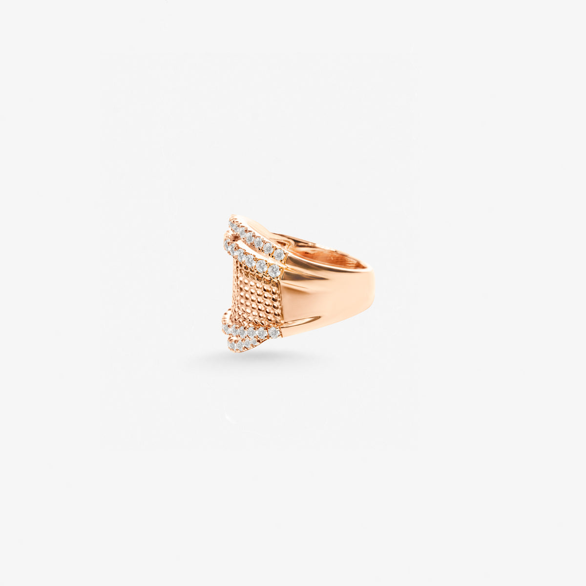 Peter Marco 18k rose gold round cut diamond wide band ring, side view