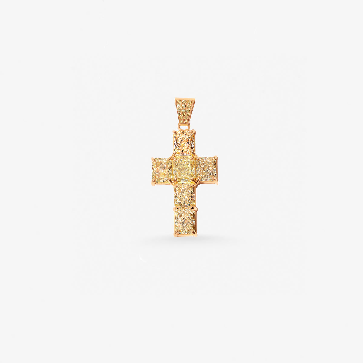 Peter Marco 18k rose gold yellow radiant cut diamond cross pendant, detail view