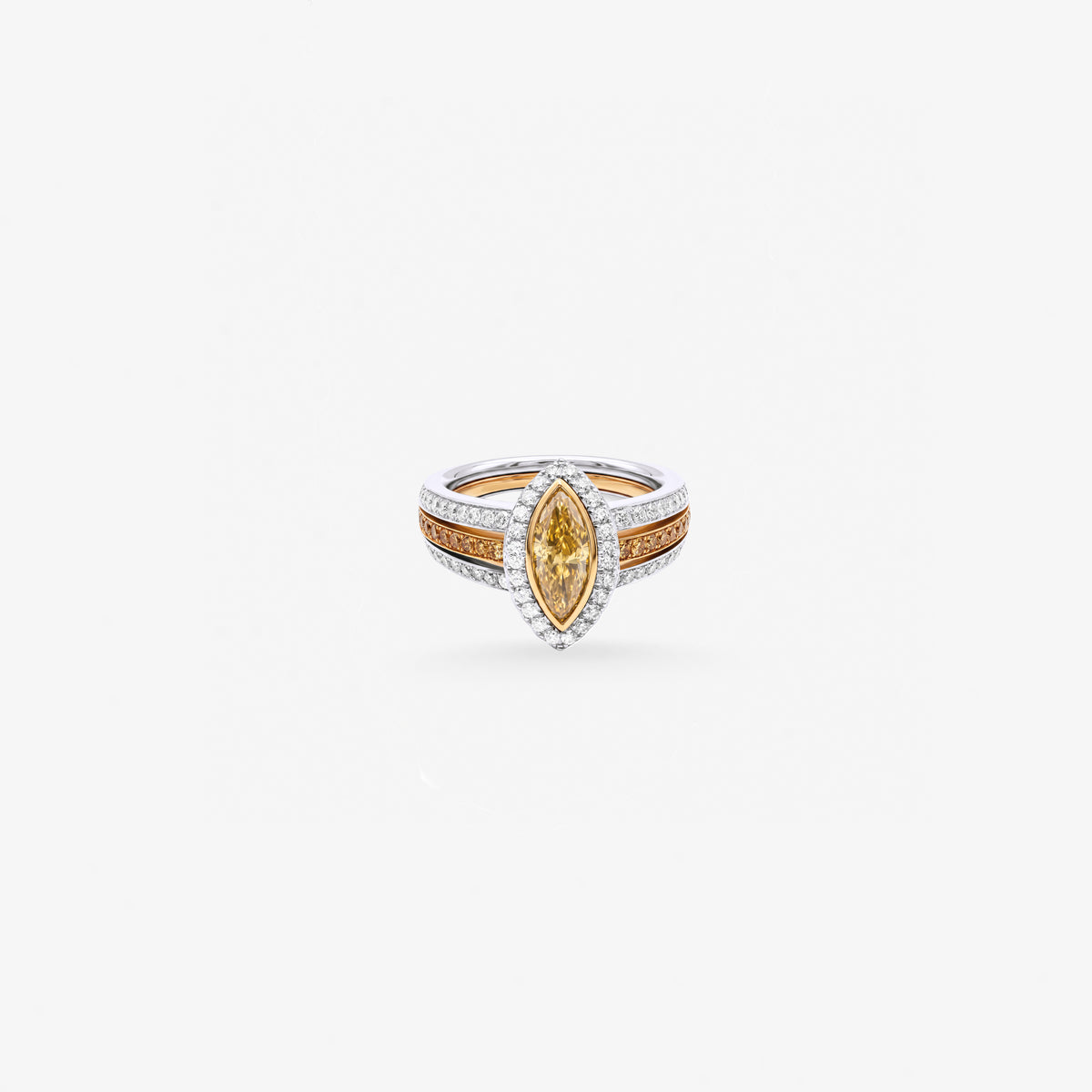 Peter Marco 18k two-tone white and rose gold marquise cut golden brown zircon and round cut diamond ring