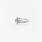Peter Marco 18k two-tone white and yellow gold cushion cut yellow diamond and round cut diamond halo ring, side view