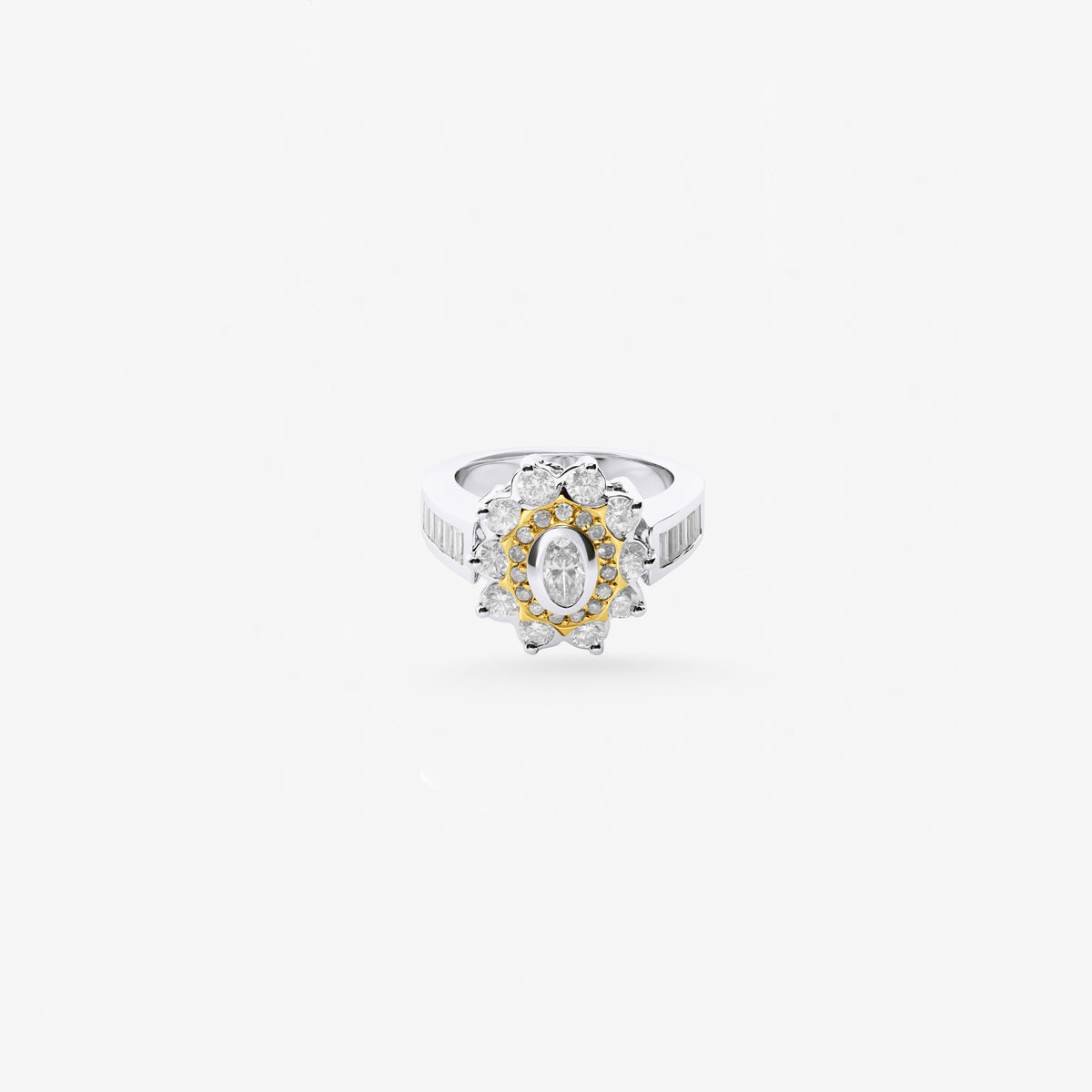 Peter Marco 18k two-tone white and yellow gold floral oval, baguette and round cut diamond ring