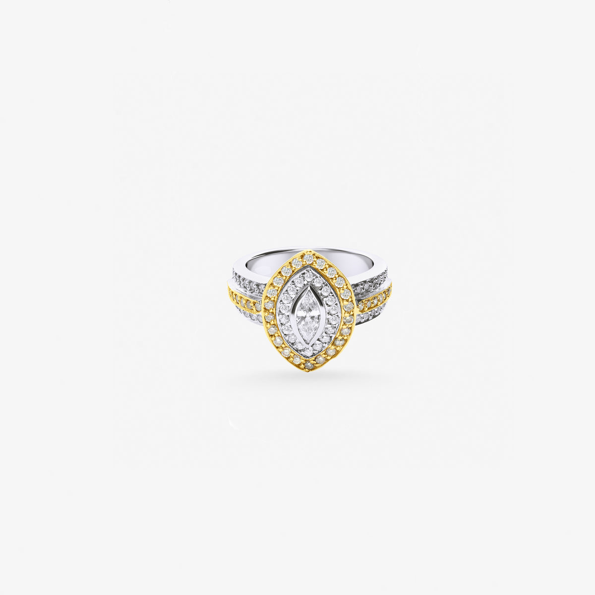 Peter Marco 18k two-tone white and yellow gold marquise and round cut diamond ring