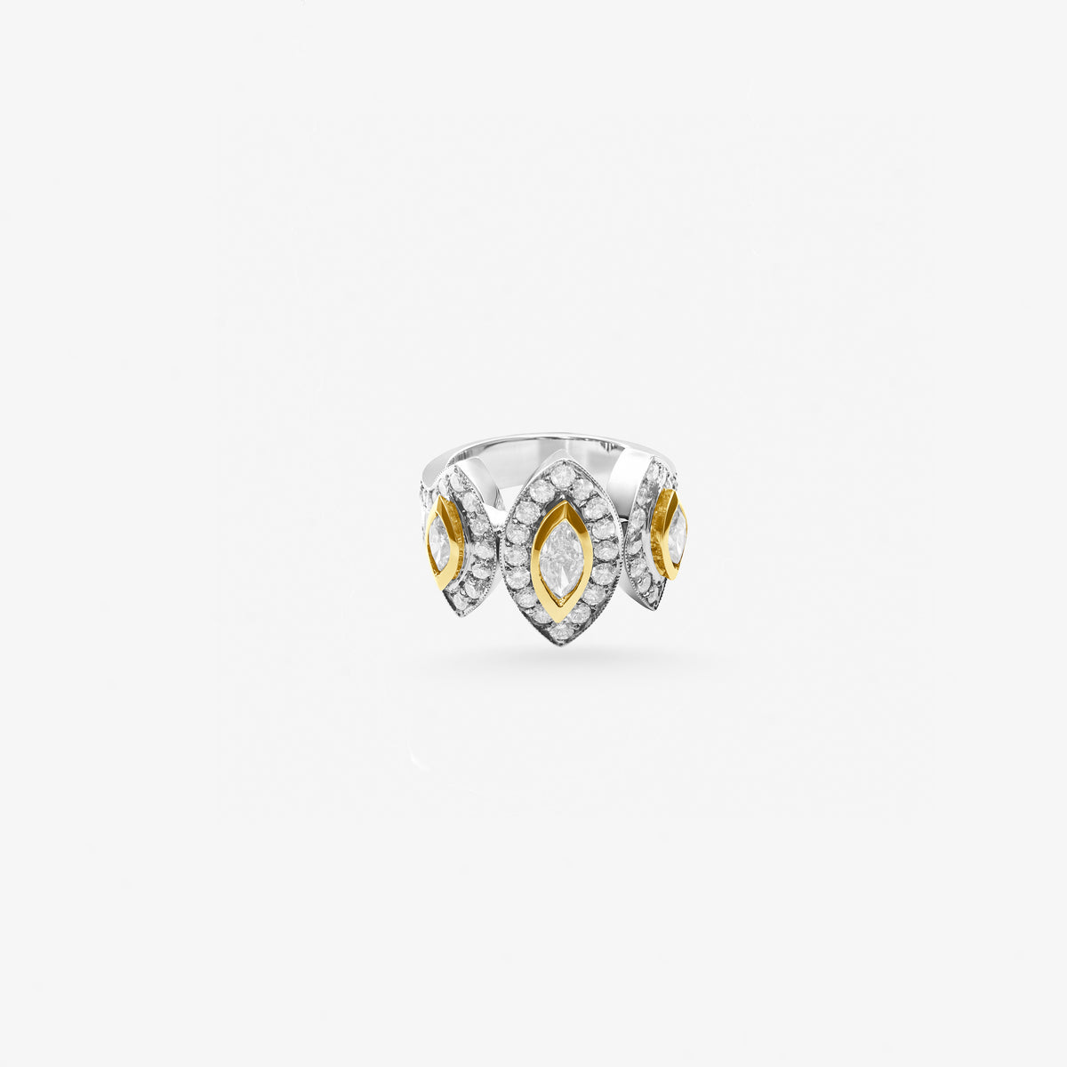 Peter Marco 18k two-tone white and yellow gold marquise cut and round cut diamond ring