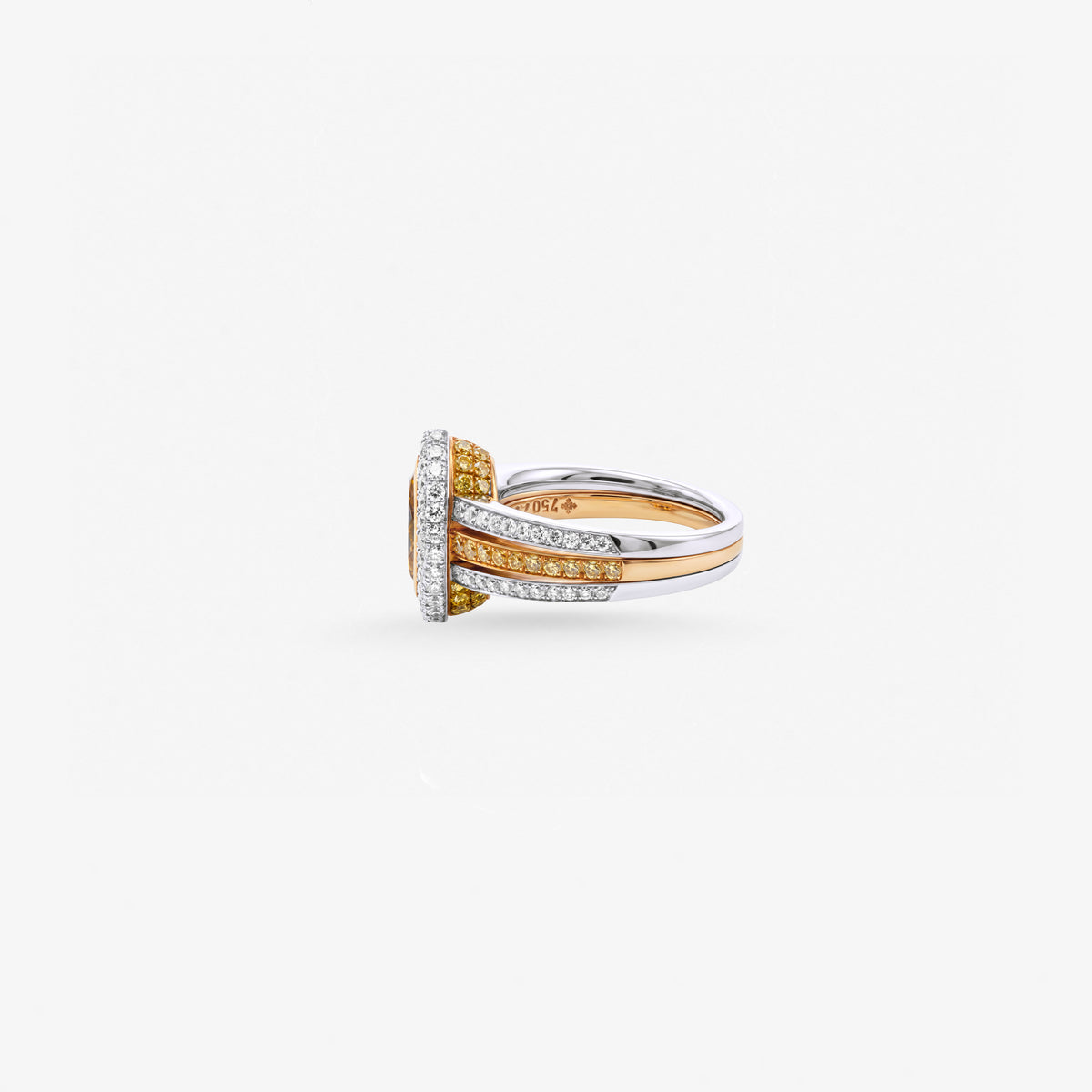 Peter Marco 18k two-tone white and yellow gold marquise cut golden brown zircon and round cut diamond ring, side view