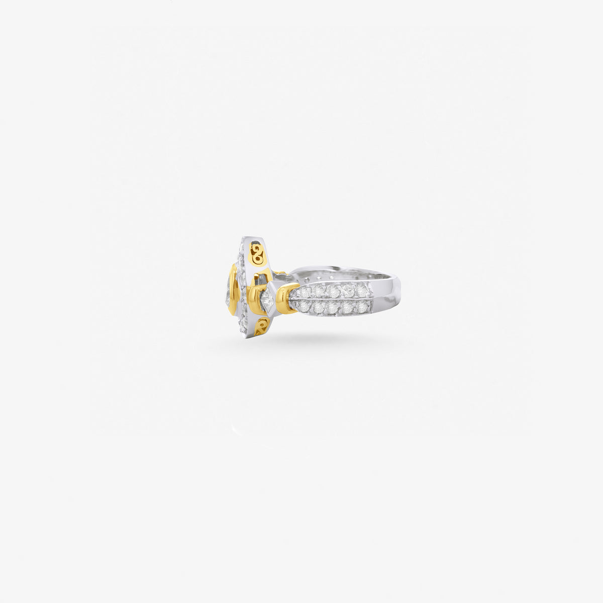 Peter Marco 18k two-tone white and yellow gold pear cut, princess and round cut diamond ring, side view