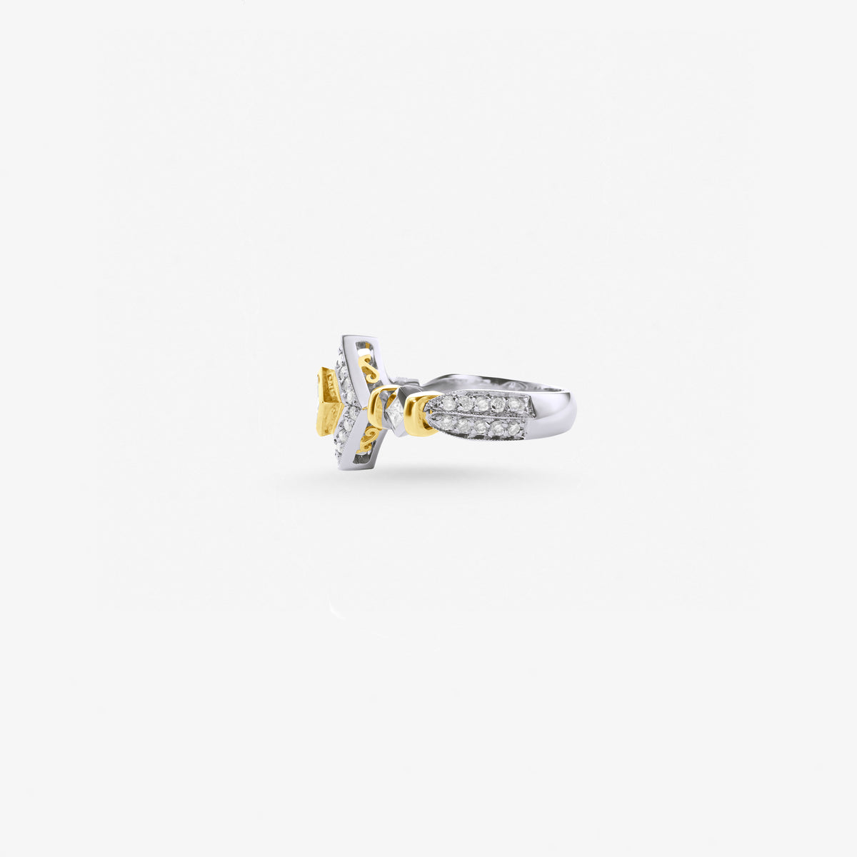 Peter Marco 18k two-tone white and yellow gold princess and round cut diamond geometric ring, side view