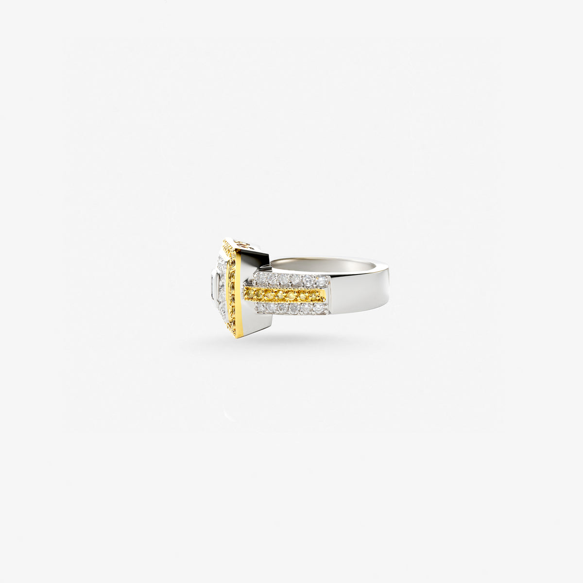 Peter Marco 18k two-tone white and yellow gold princess and round cut diamond square halo ring, side view