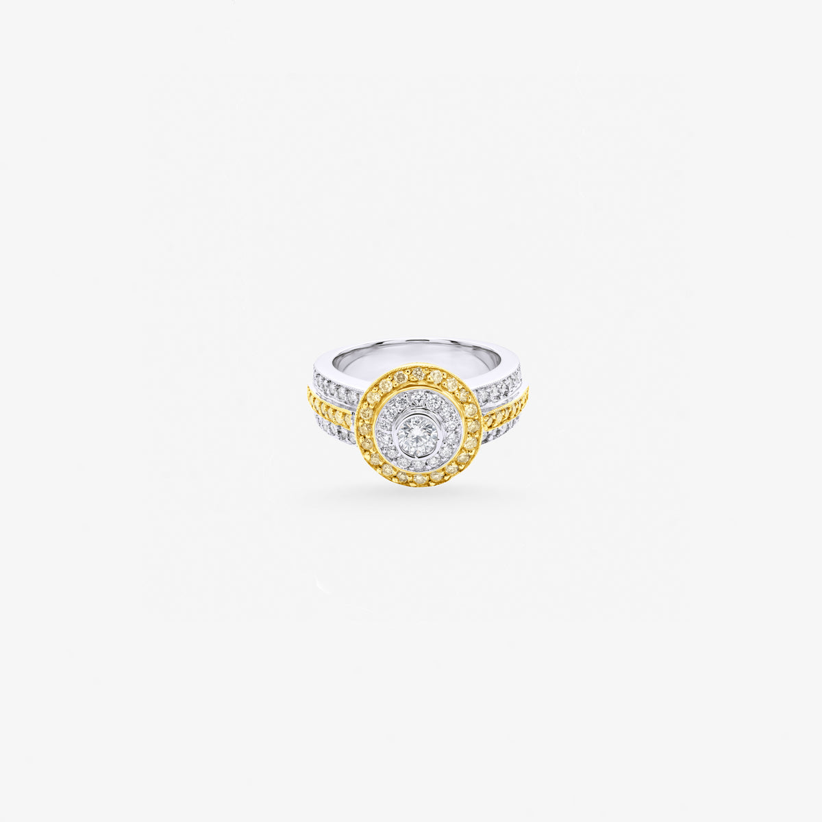 Peter Marco 18k two-tone white and yellow gold round cut diamond halo ring