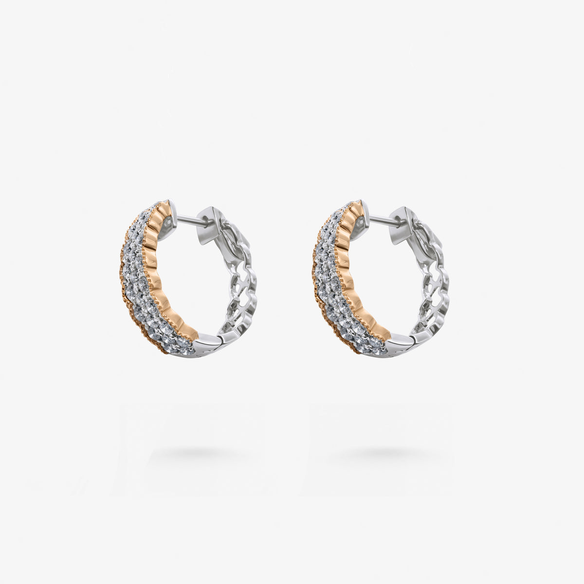 Peter Marco 18k white and rose gold round cut diamond hoop earrings, side view