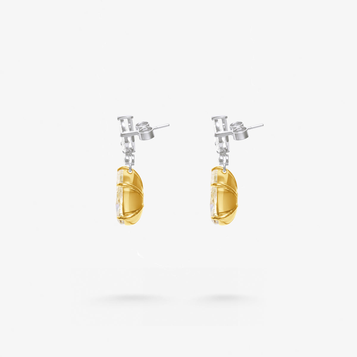 Peter Marco 18k white and yellow gold marquise cut white and pear shaped yellow diamond drop earrings, side view