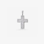 Peter Marco 18k white gold baguette cut and round cut diamond cross pendant, detail view