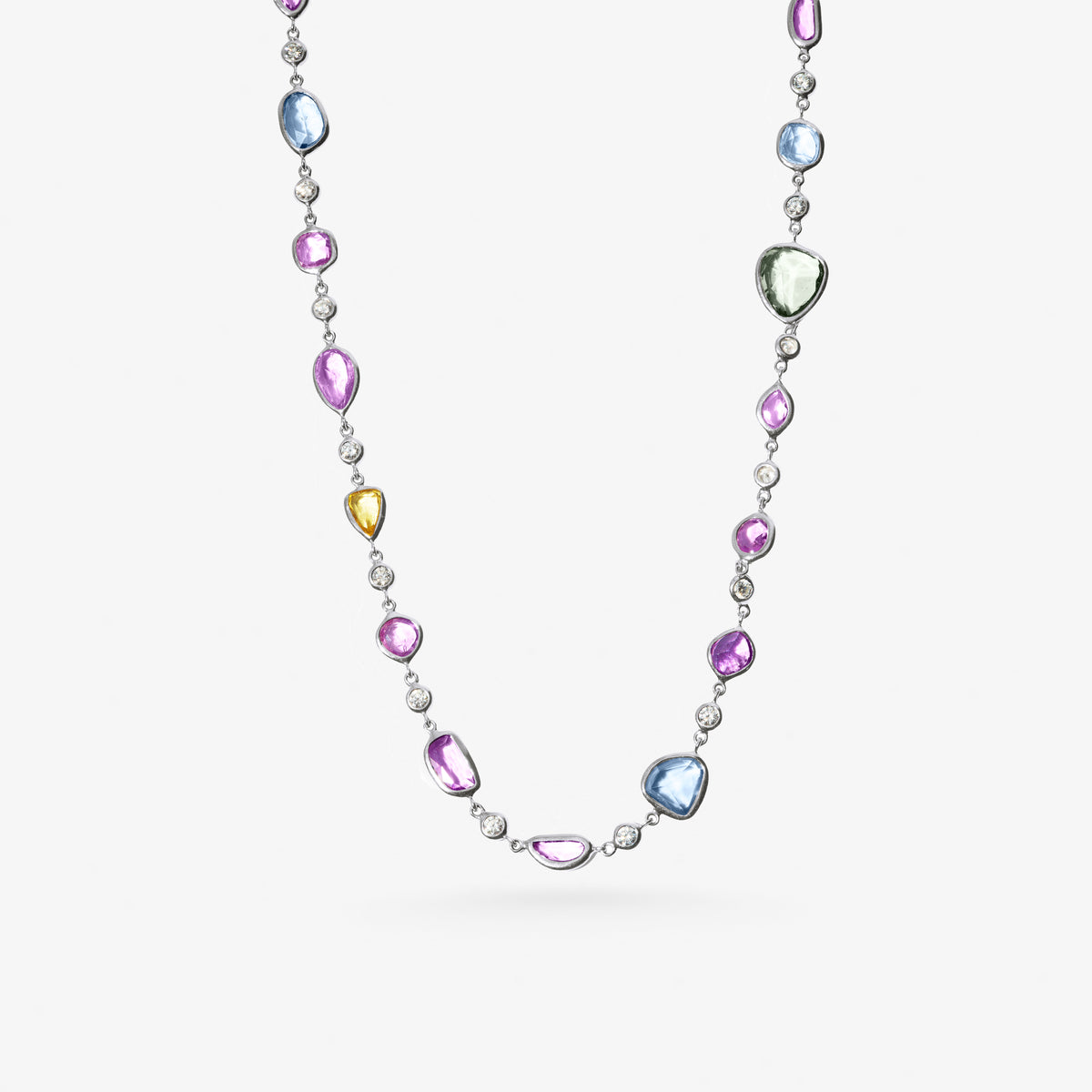 Peter Marco 18k white gold bezel set multicolor sapphire and diamond necklace