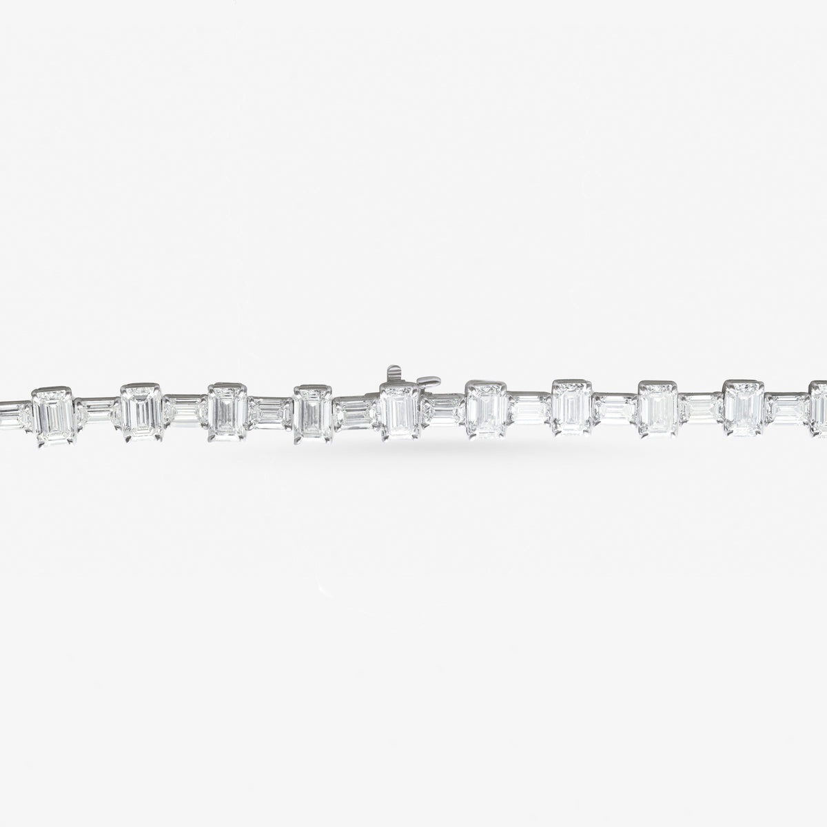 Peter Marco 18k white gold emerald cut and baguette cut diamond necklace, clasp view
