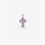 Peter Marco 18k white gold emerald cut diamond and pink sapphire cross pendant, detail view