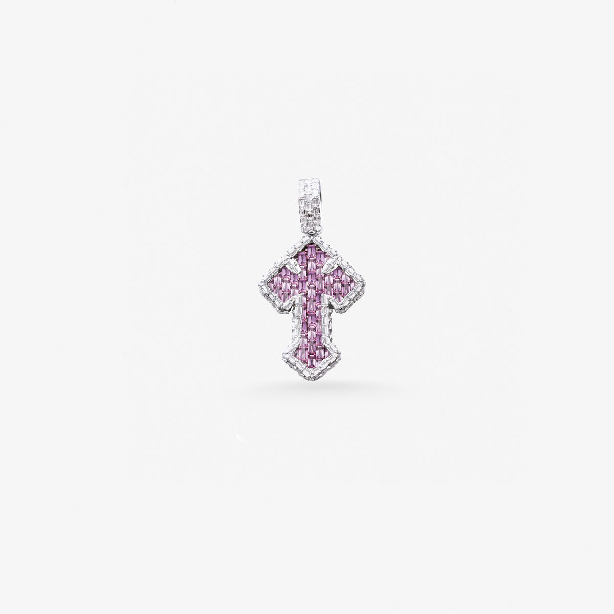 Peter Marco 18k white gold emerald cut diamond and pink sapphire cross pendant, detail view