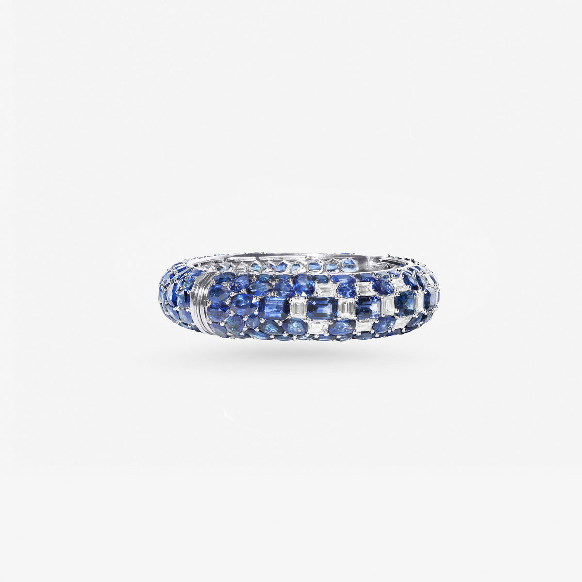 Peter Marco 18k white gold oval and cushion cut sapphire and emerald cut diamond bangle