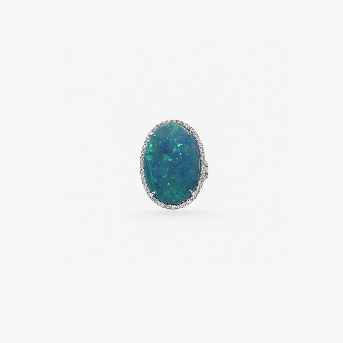 Peter Marco 18k white gold oval black opal and round cut diamond halo ring