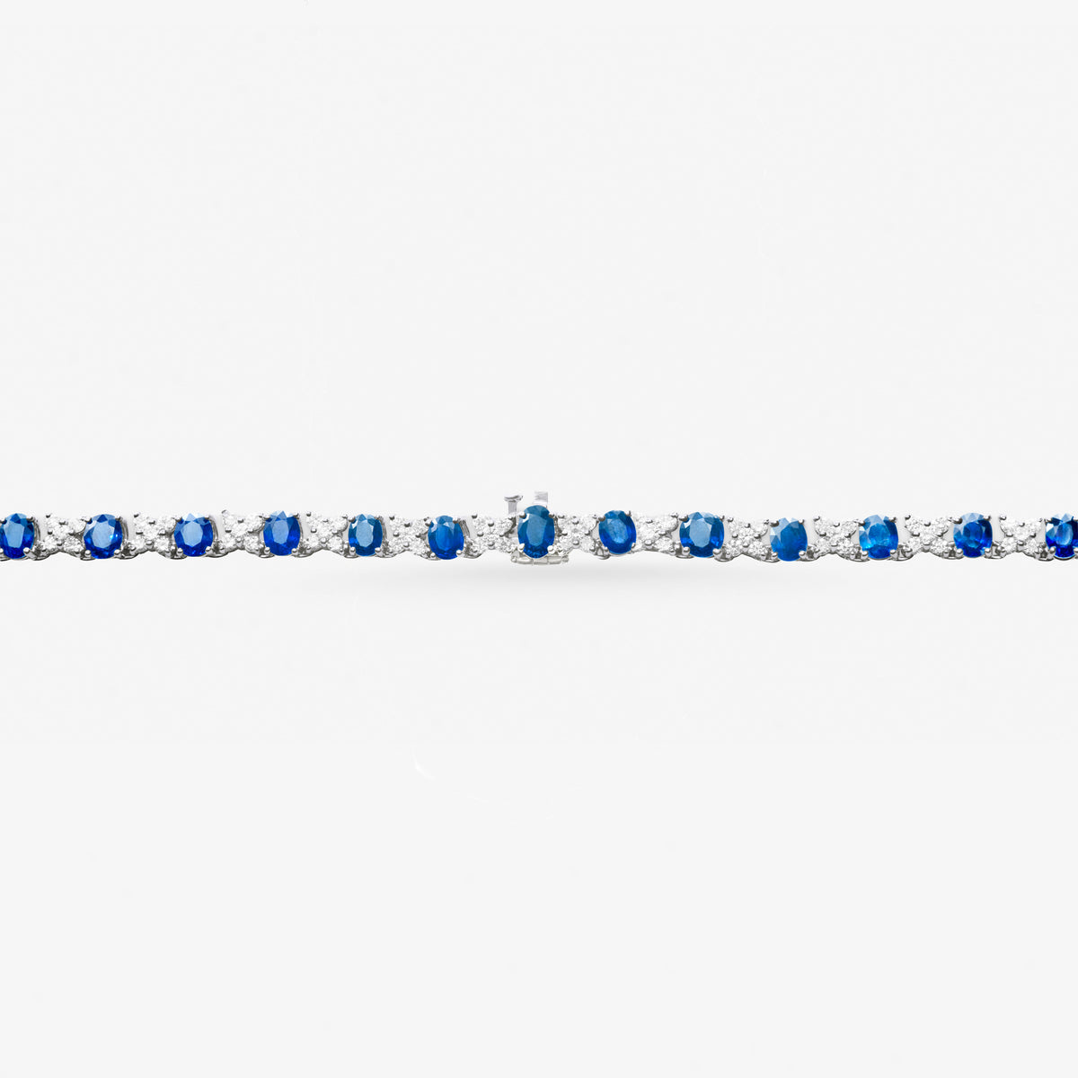 Peter Marco 18k white gold oval blue sapphire and round diamond necklace, clasp view