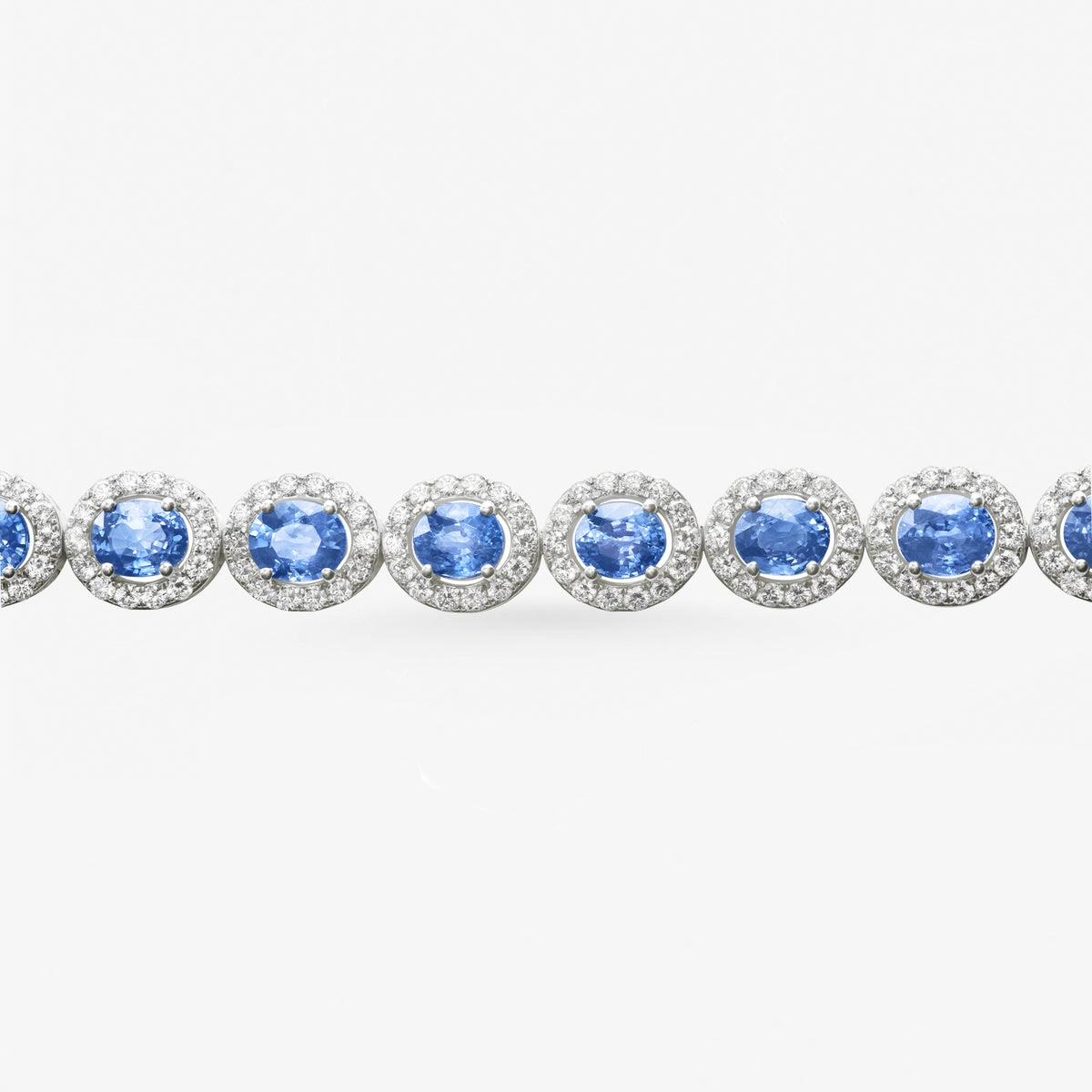 Peter Marco 18k white gold oval cut sapphire and round cut diamond bracelet, detail view