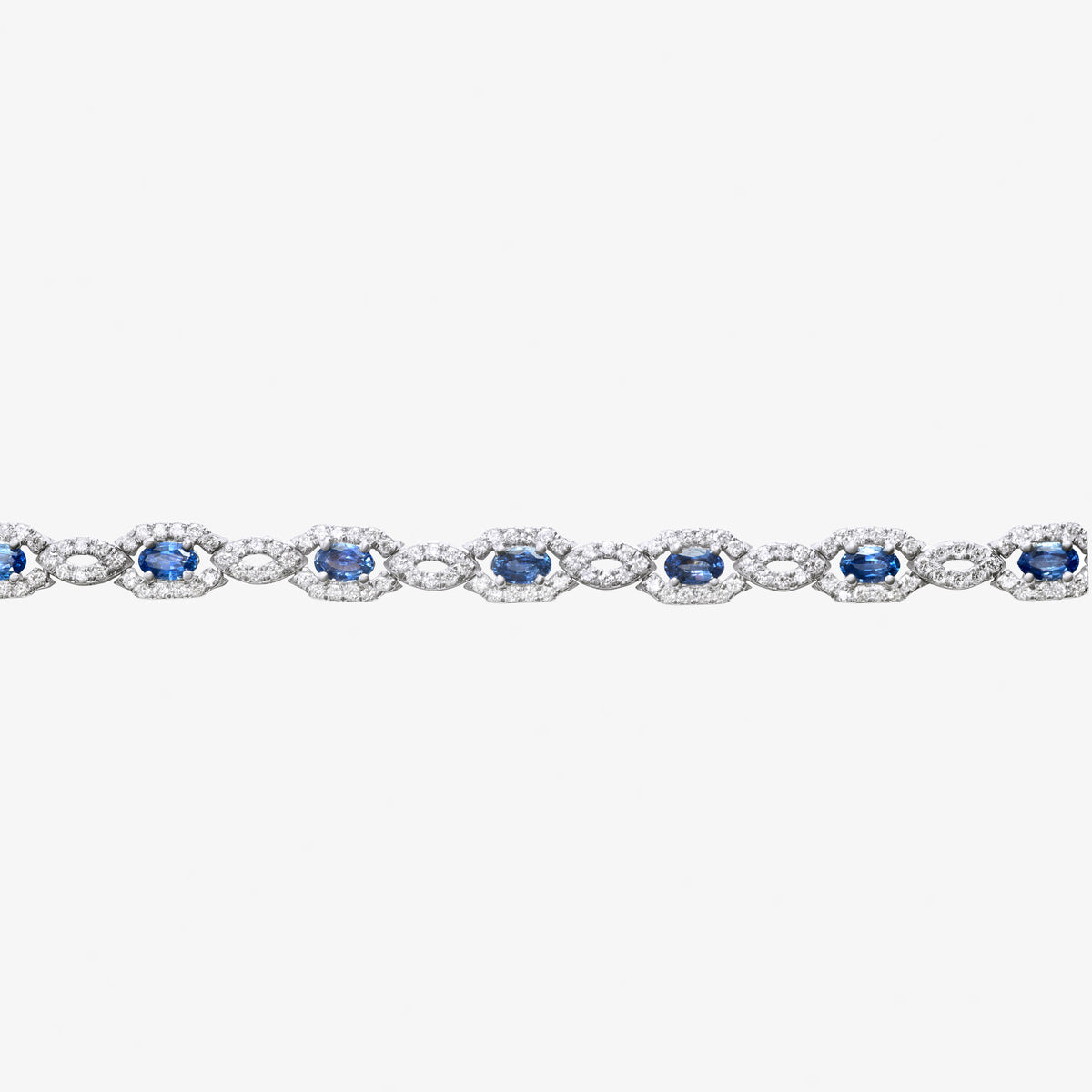 Peter Marco 18k white gold oval sapphire and round cut diamond link bracelet, detail view