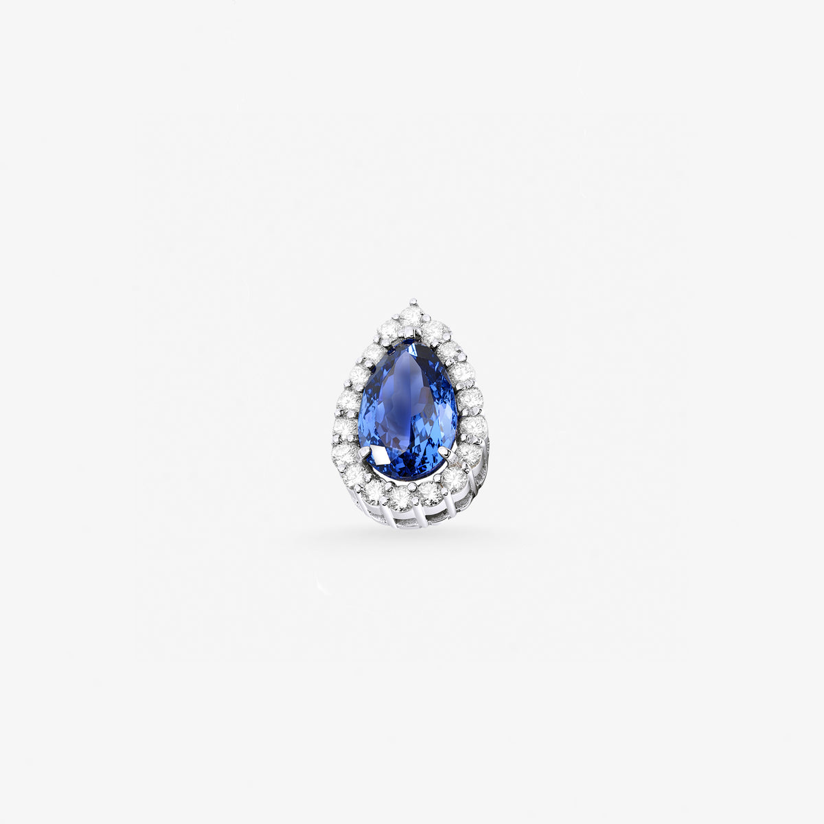 Peter Marco 18k white gold pear shaped blue sapphire and diamond pendant, detail view