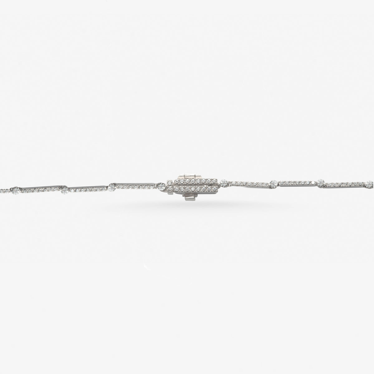 Peter Marco white gold round and pear cut blue sapphire and round cut diamond necklace, clasp view
