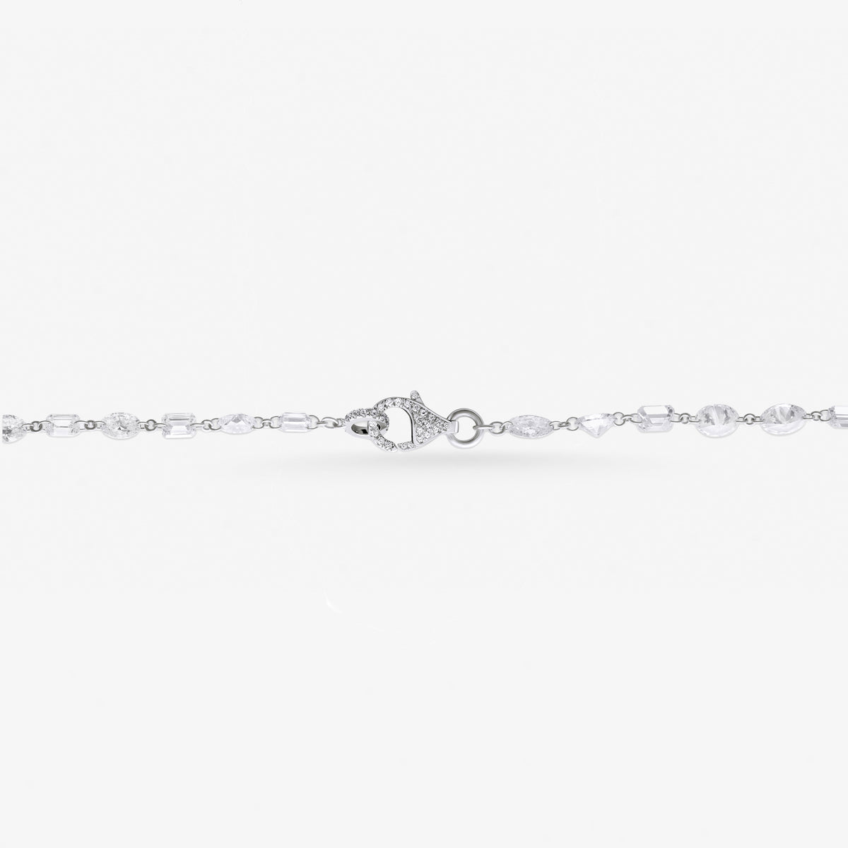 Peter Marco 18k white gold round cut and baguette cut crystal necklace, clasp view