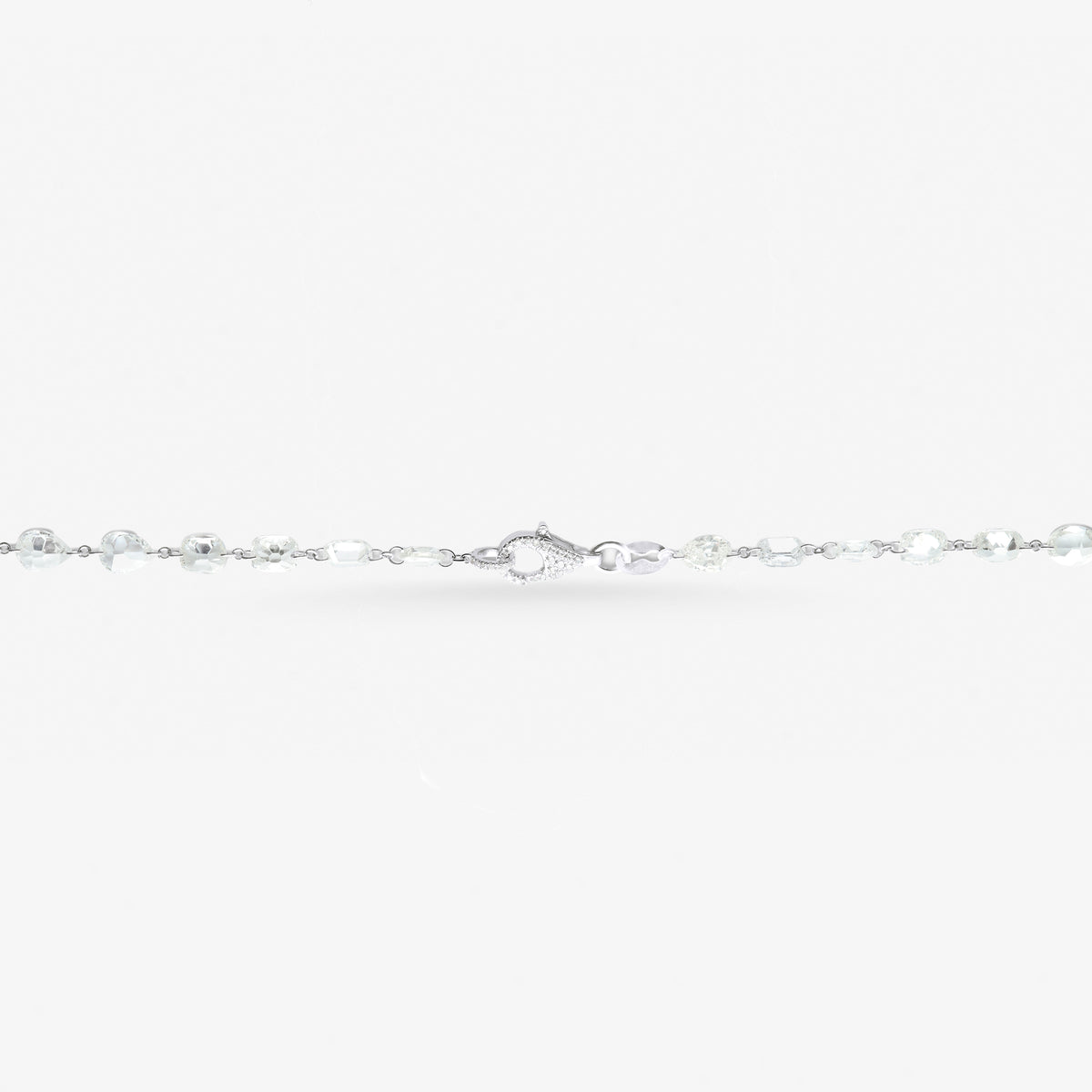 Peter Marco 18k white gold round cut and cushion cut crystal necklace, clasp view