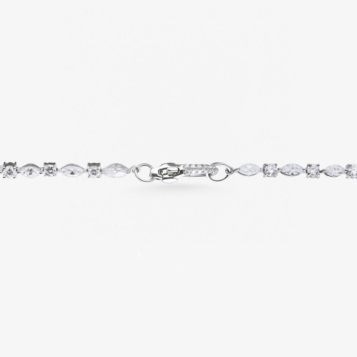 Peter Marco 18k white gold round cut diamond marquise cut cushion cut emerald pendant, clasp view