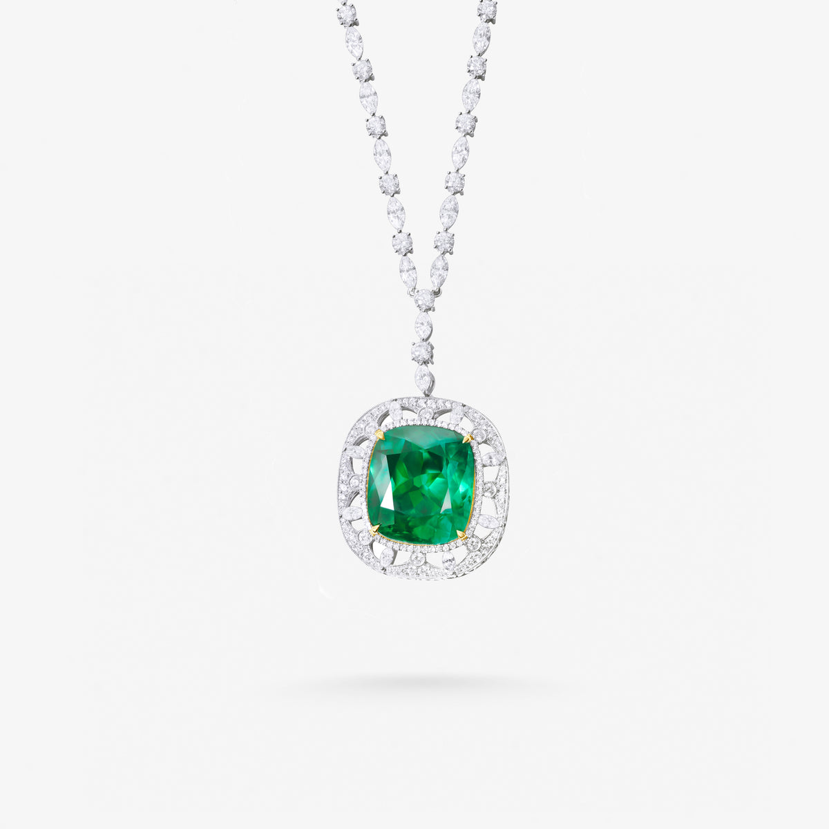 Peter Marco 18k white gold round cut diamond marquise cut cushion cut emerald pendant