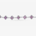 Peter Marco 18k white gold round cut pink sapphire and diamond flower necklace, detail view