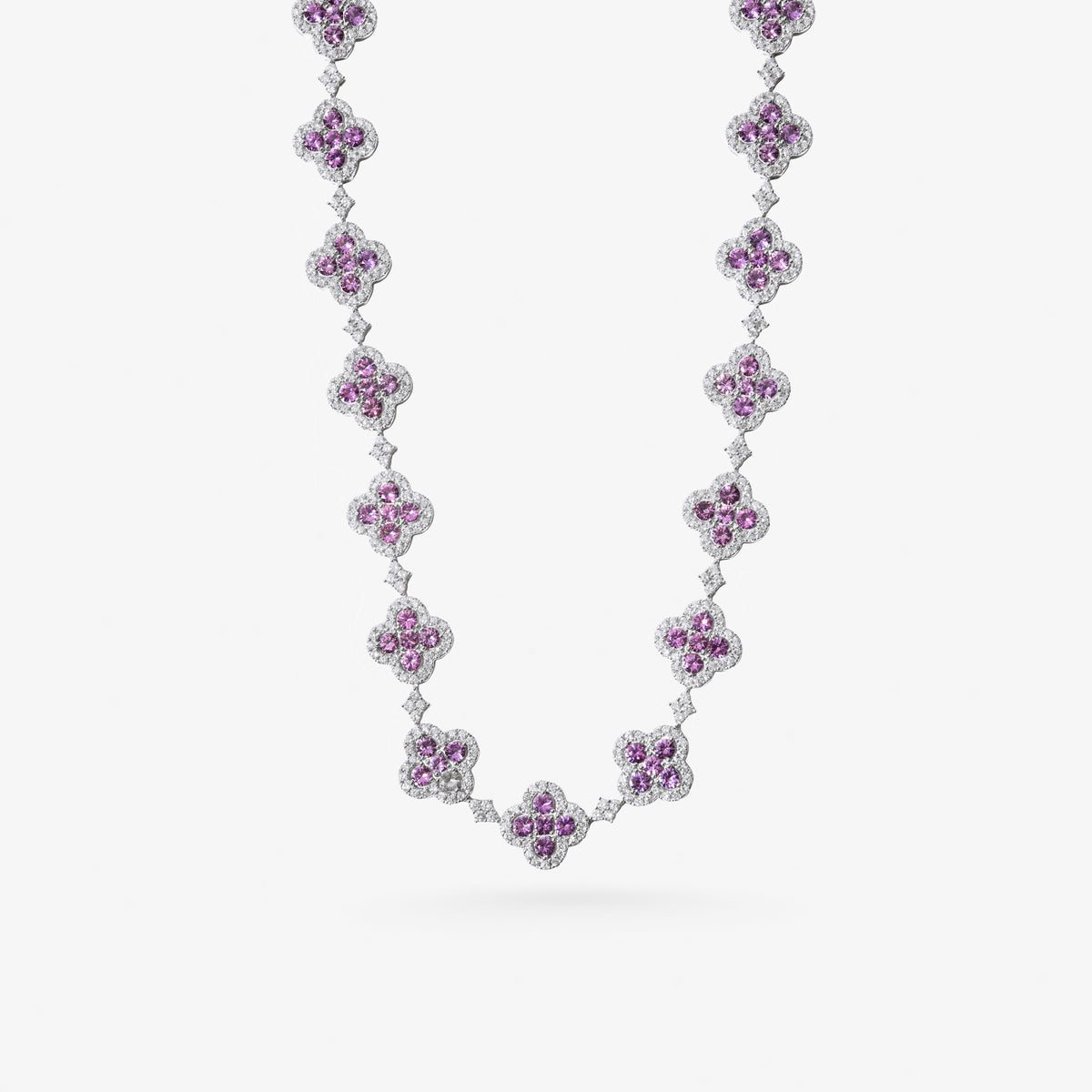Peter Marco 18k white gold round cut pink sapphire and diamond flower necklace