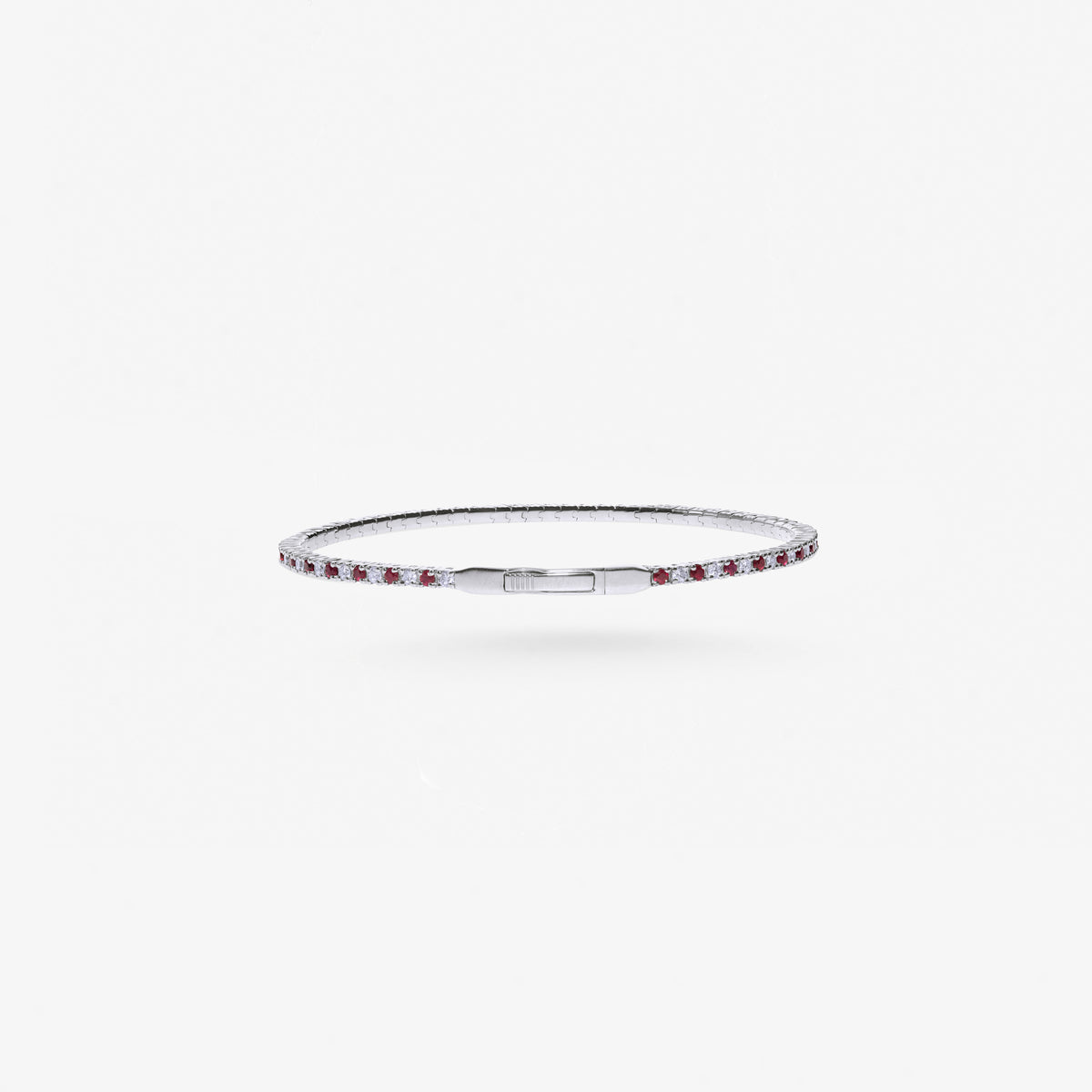 Peter Marco 18k white gold round cut ruby and diamond tennis bracelet, clasp view