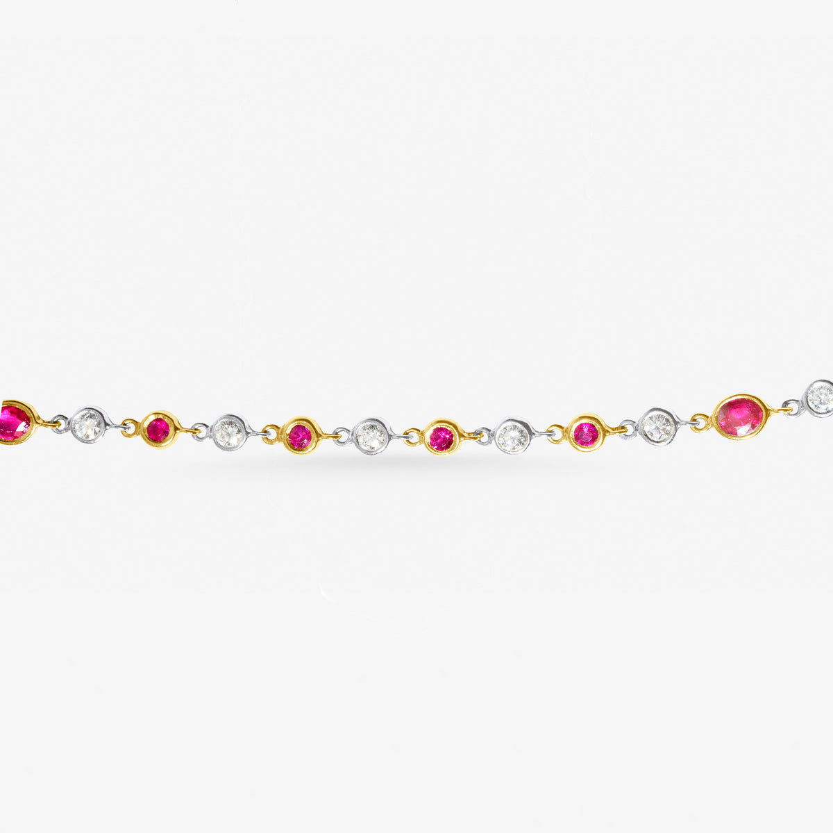 Peter Marco 18k yellow and white gold bezel set round cut diamond and ruby necklace, detail view