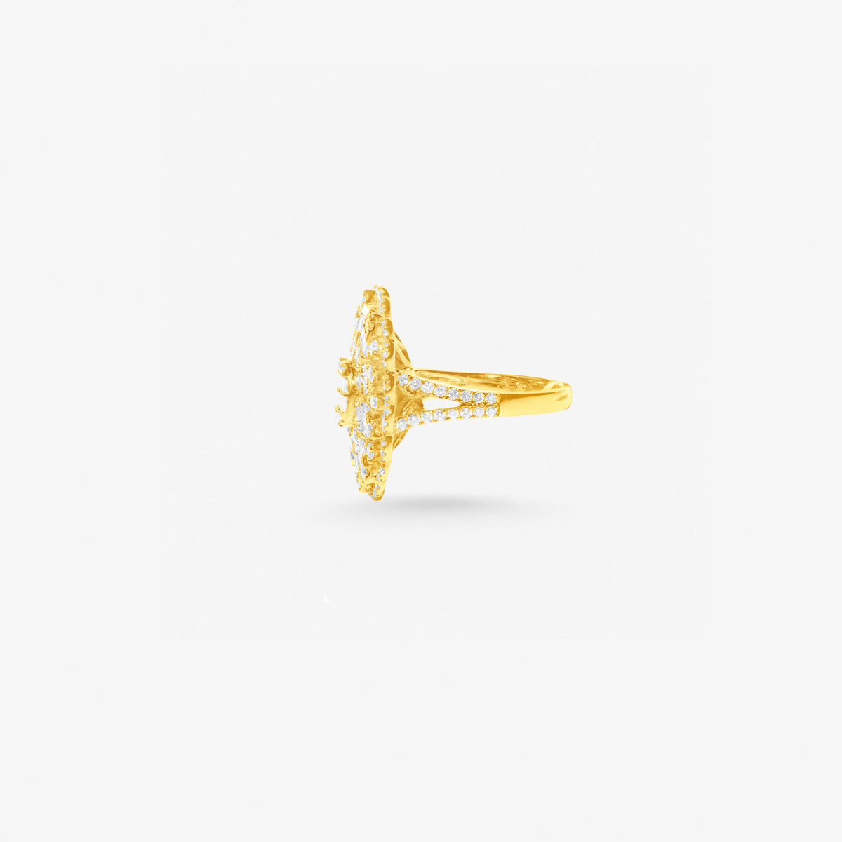 Peter Marco 18k yellow gold baguette and round cut diamond floral ring, side view