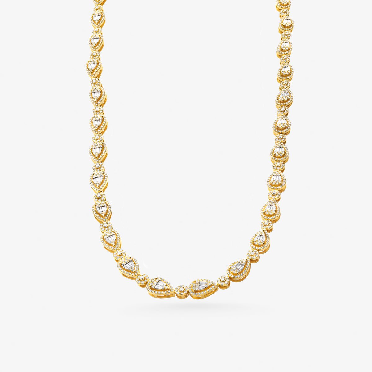 Peter Marco 18k yellow gold baguette and round cut diamond pear shape necklace