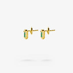 Peter Marco 18k yellow gold emerald cut green gemstone and round diamond stud earrings, side view
