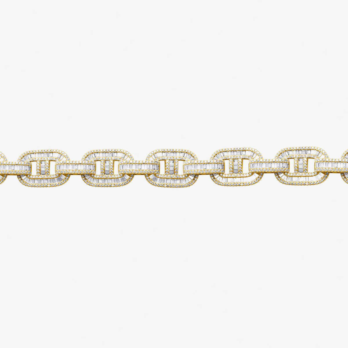Peter Marco 18k yellow gold round and baguette cut diamond mariner link bracelet, detail view