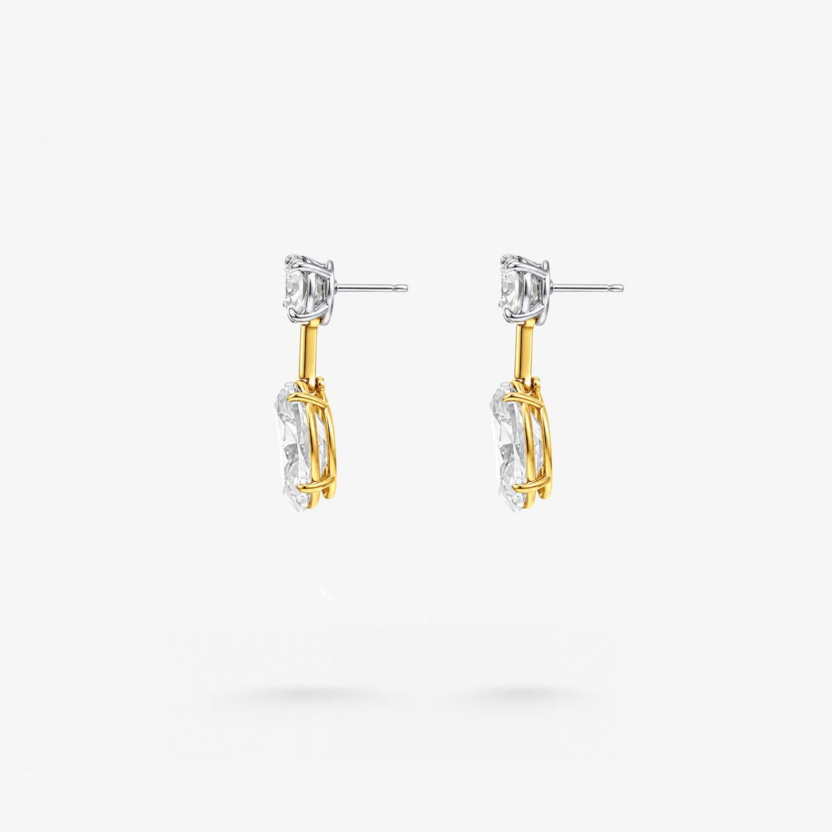 Peter Marco 18k yellow gold round and oval cut white diamond drop earrings, side view