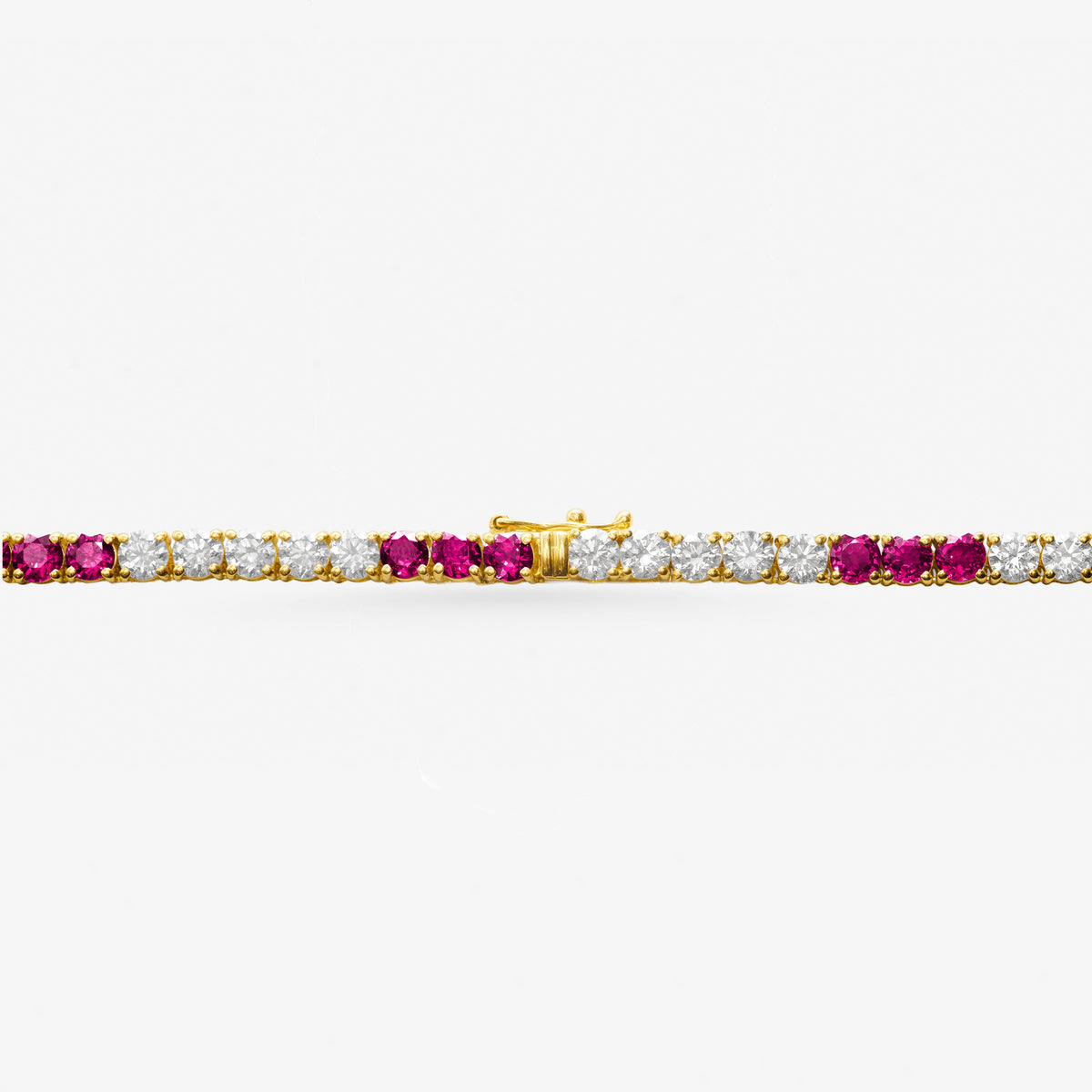 Peter Marco 18k yellow gold round cut diamond and ruby necklace, clasp view